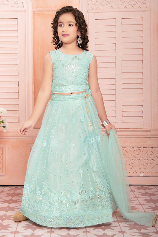 Light Cyan Color Net Fabric Function Wear Embroidered Kids Readymade Lehenga Choli