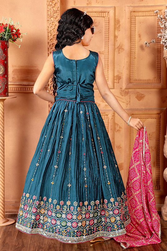 Dark Teal Chinon Kids Lehenga Choli