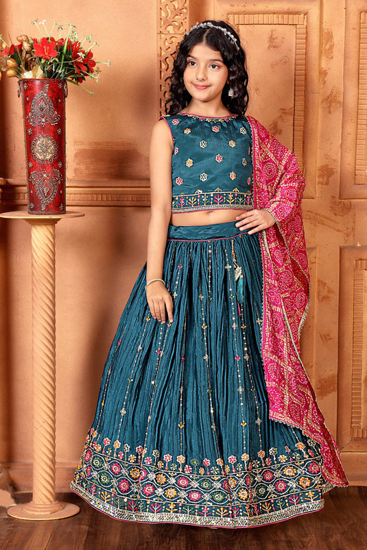 Dark Teal Chinon Kids Lehenga Choli