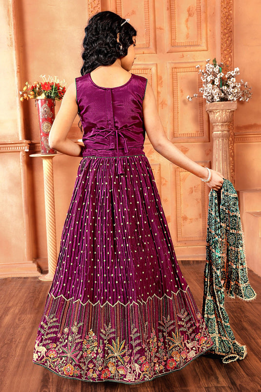 Chinon Fabric Purple Color Reception Wear Embroidered Kids Readymade Lehenga Choli