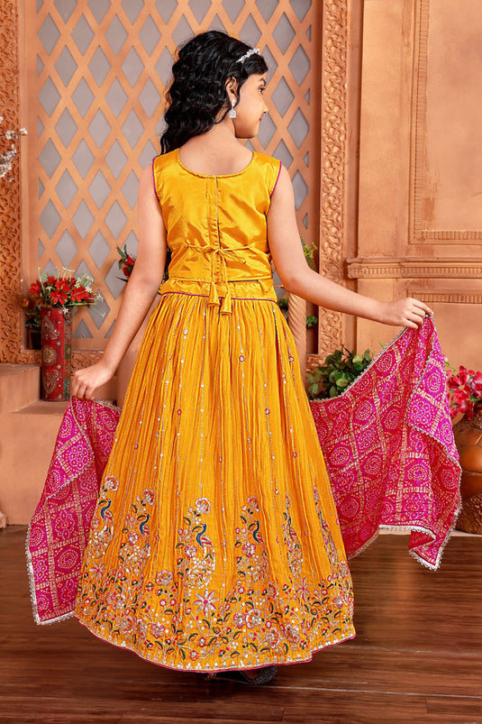 Mustard Color Chinon Fabric Function Wear Embroidered Kids Readymade Lehenga Choli