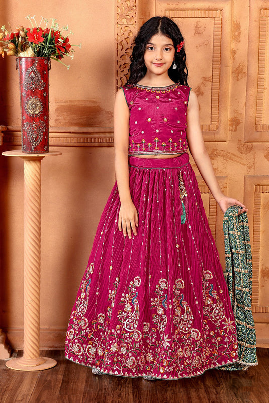 Chinon Fabric Engaging Rani Color Festive Wear Embroidered Kids Readymade Lehenga Choli