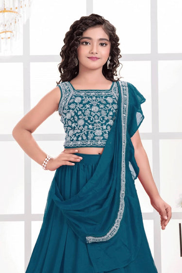 Art Silk Embroidered Teal Festive Wear Readymade Lehenga Choli For Kids