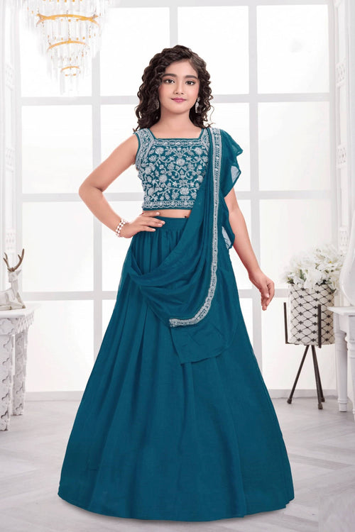 Art Silk Embroidered Teal Festive Wear Readymade Lehenga Choli For Kids