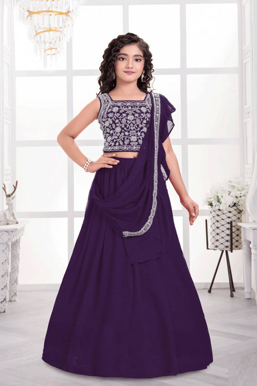 Purple Festive Wear Art Silk Embroidered Readymade Lehenga Choli For Kids