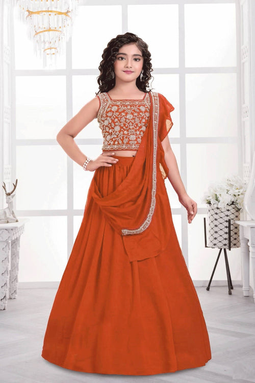 Orange Festive Wear Art Silk Embroidered Readymade Lehenga Choli For Kids