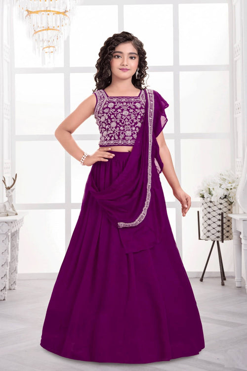 Embroidered Art Silk Magenta Festive Wear Readymade Lehenga Choli For Kids