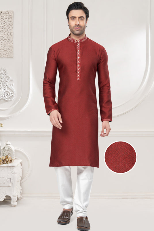 Elegant Jacquard Fabric Red Color Kurta Pyjama Set
