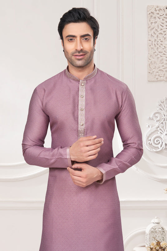 Traditional Lavender Color Jacquard Fabric Kurta Pyjama For Men