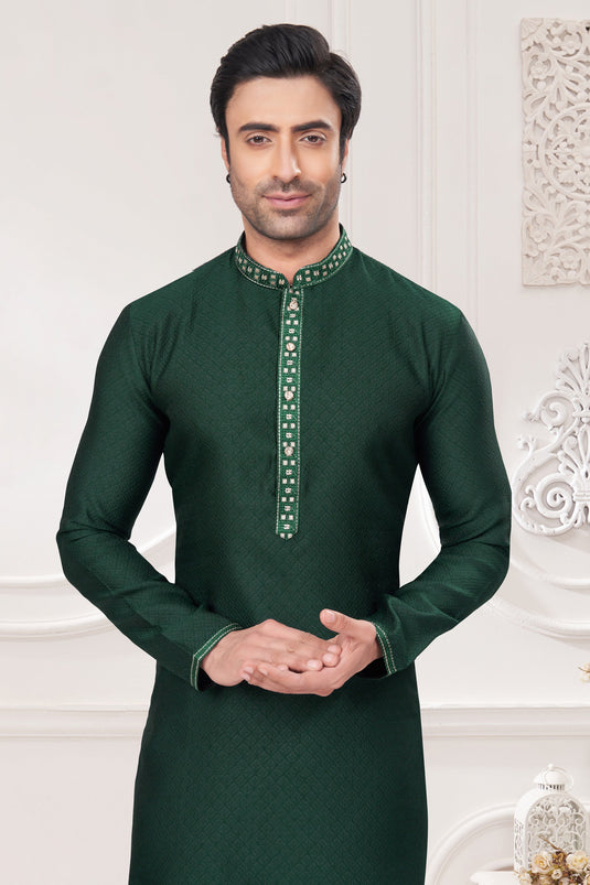 Function Wear Jacquard Fabric Green Color Kurta Pyjama