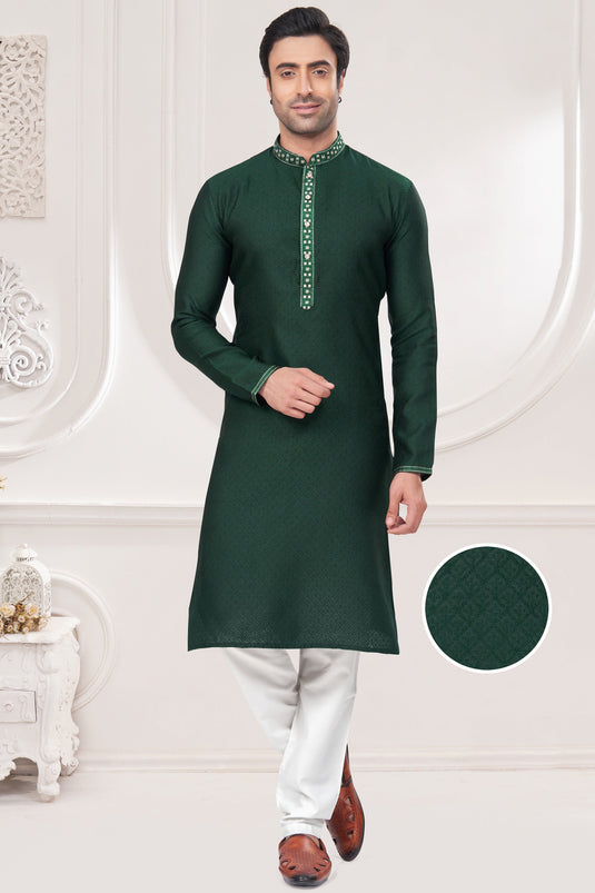 Function Wear Jacquard Fabric Green Color Kurta Pyjama