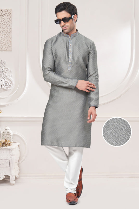 Vibrant Grey Color Jacquard Fabric Kurta Pyjama For Function