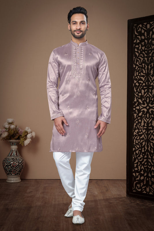 Mesmeric Lavender Color Function Wear Readymade Kurta Pyjama In Art Silk Fabric