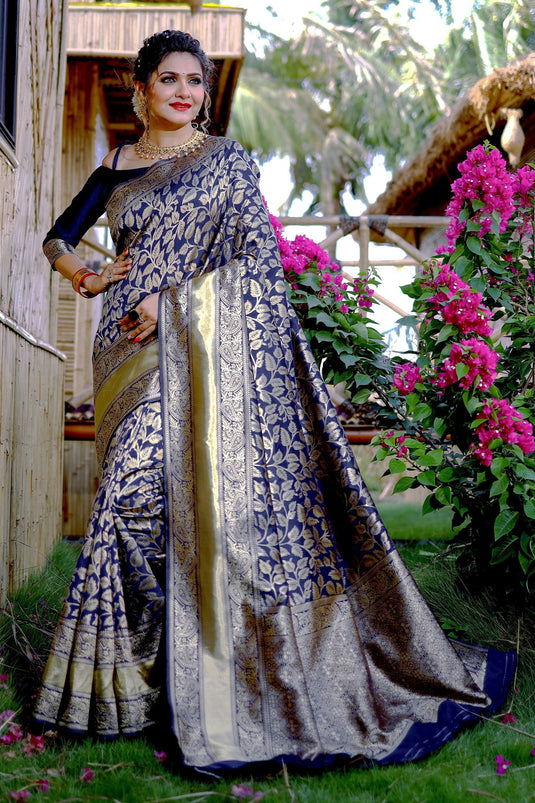 Excellent Banarasi Silk Navy Blue Color Saree With Weaving Work