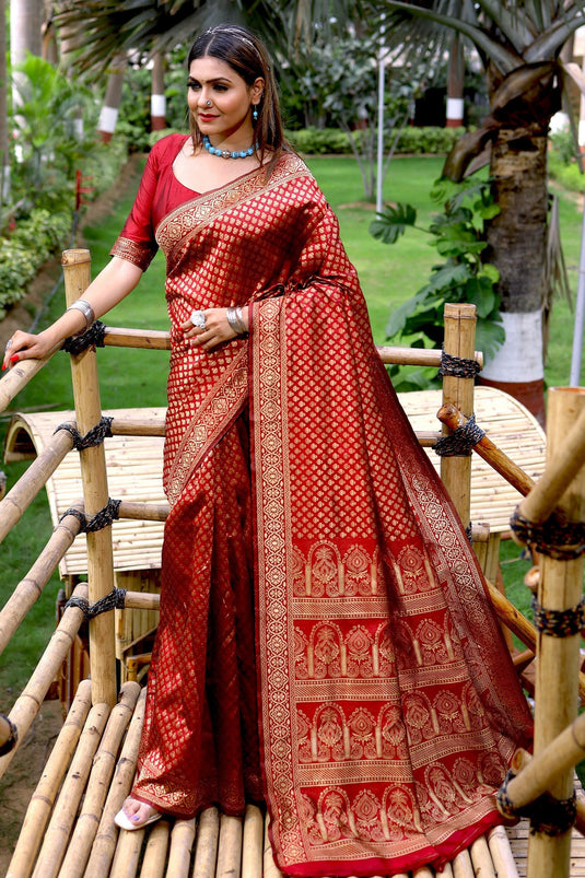 Amazing Weaving Work On Maroon Color Banarasi Silk Saree