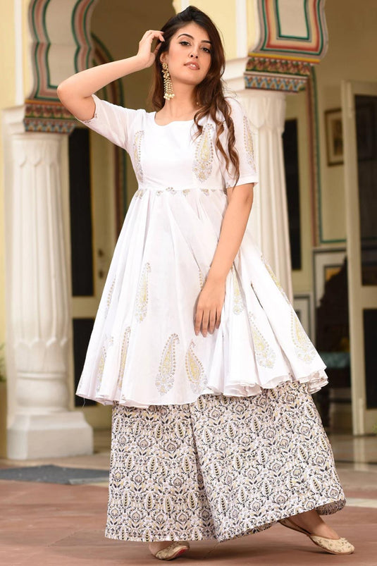 White Color Festive Wear Digital Printed Kurti With Palazzo In Fancy Fabric