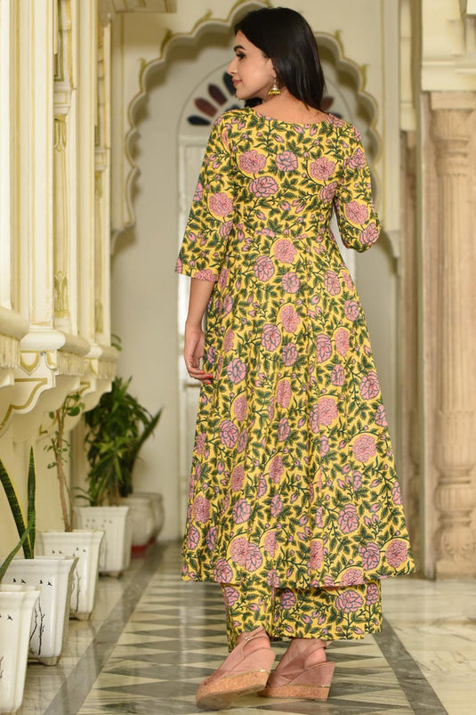 Twara light yellow intricately printed & neck french not embroidered tie-up  rayon 3/4th sleeve layered long kurti