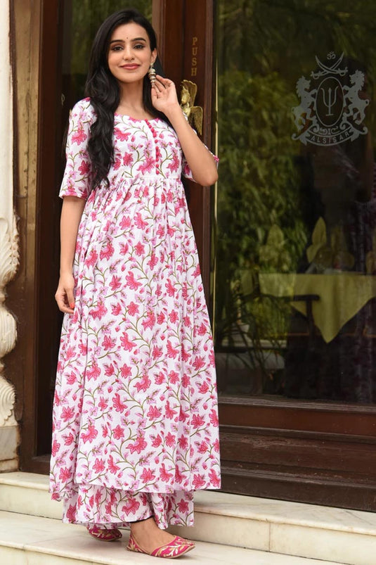 Festive Wear Fancy Fabric Digital Printed Kurti With Palazzo In White Color