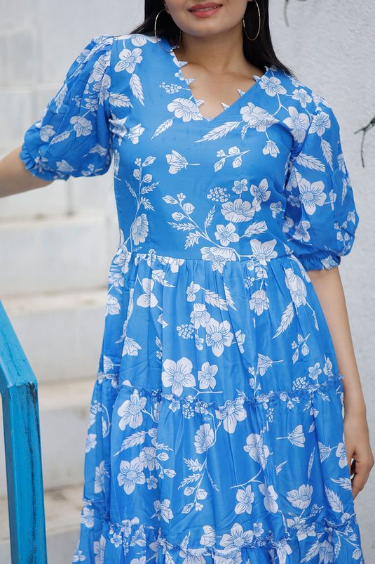 Blue Color Enthralling Digital Printed Readymade One Piece In Muslin F