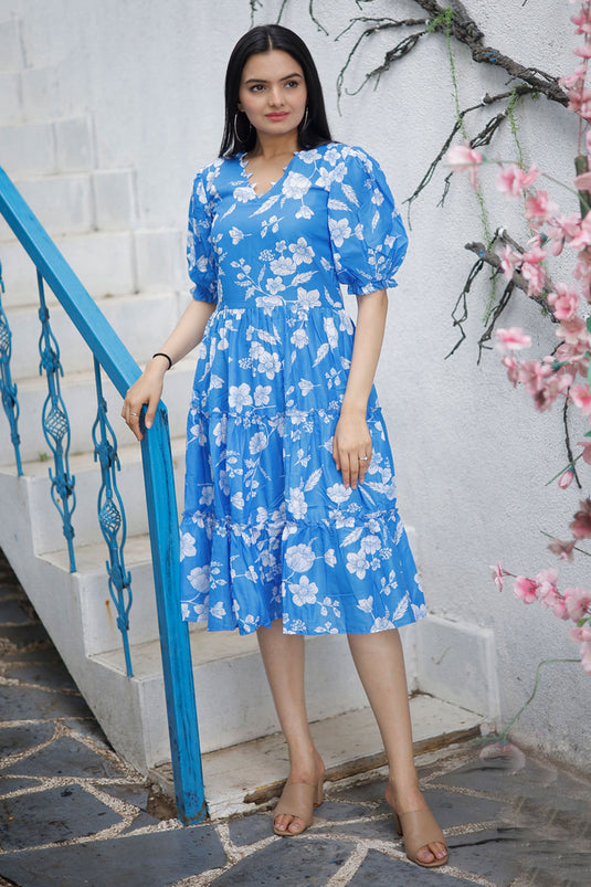 Blue Color Enthralling Digital Printed Readymade One Piece In Muslin F