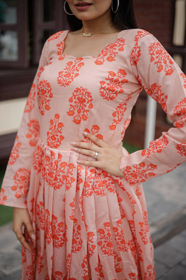 Printed Chanderi Fabric Peach Readymade Gown For Function Wear