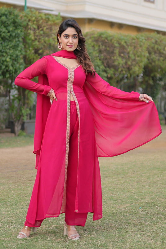 Pink Color Georgette Fabric Charming Party Wear Readymade Palazzo Suit