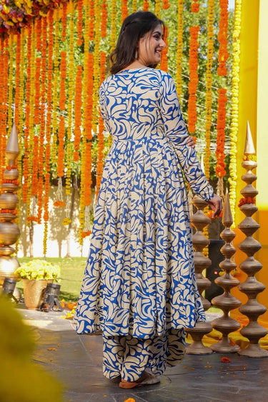 Women'S Floral Print Knee Length Fit And Flare A-Line Blue Dress