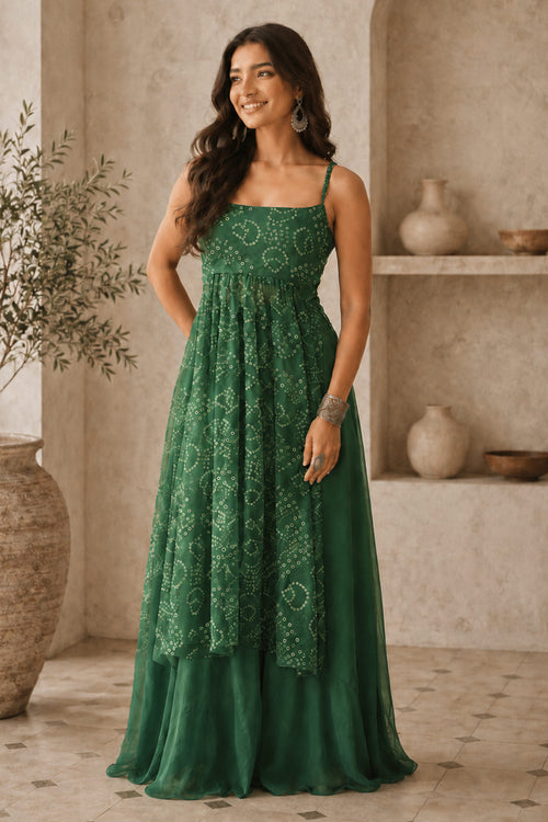 Women Green Bandhani Printed Kurta With Paired Bottom