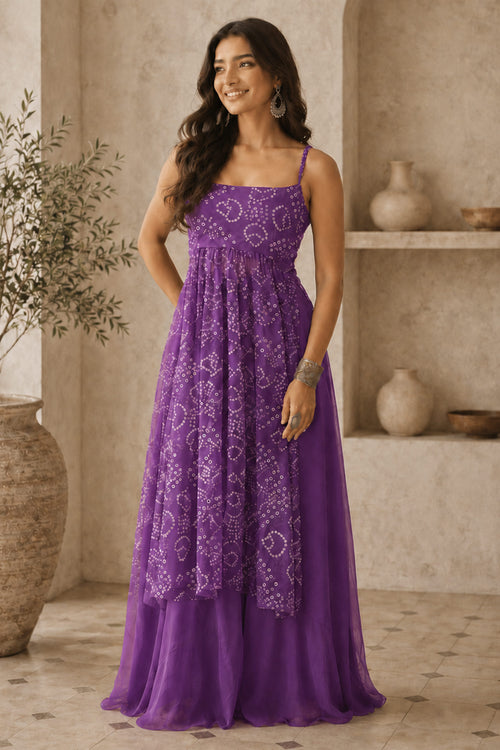 Georgette Bandhani Printed Purple Kurta With Bottom