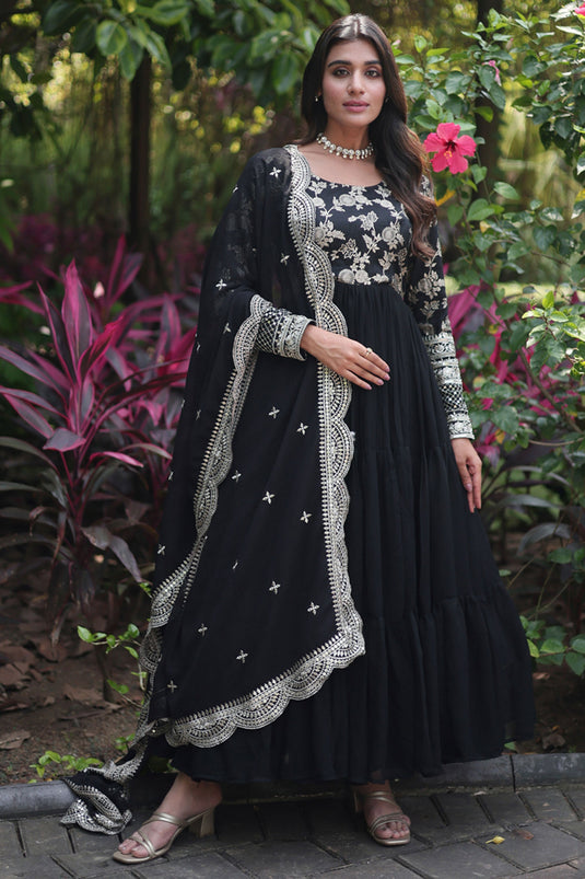 Glorious Black Color Viscose Fabric Readymade Gown With Dupatta