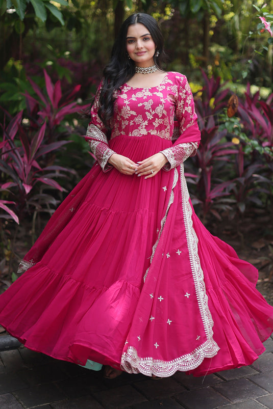 Attractive Pink Color Viscose Fabric Readymade Gown With Dupatta