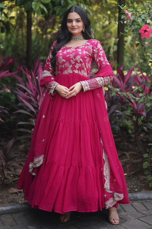 Attractive Pink Color Viscose Fabric Readymade Gown With Dupatta