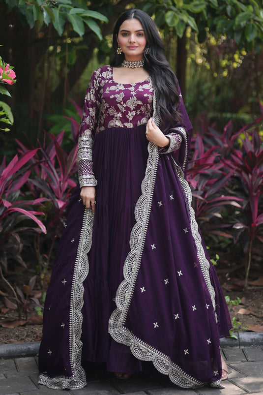 Radiant Wine Color Viscose Fabric Readymade Gown With Dupatta