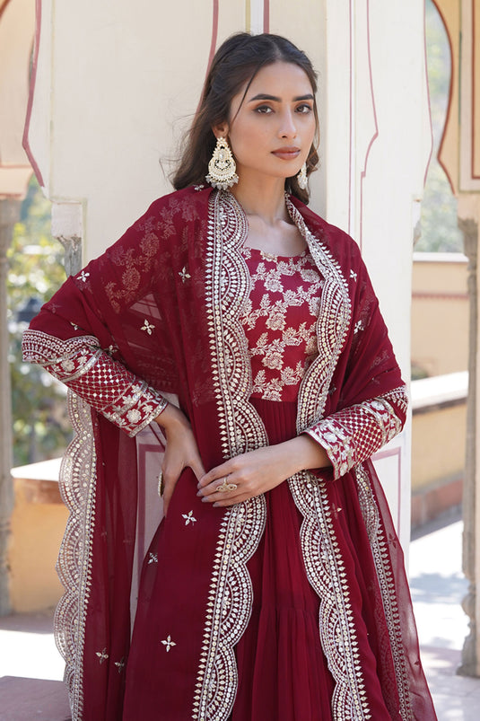 Blazing Maroon Color Viscose Fabric Readymade Gown With Dupatta