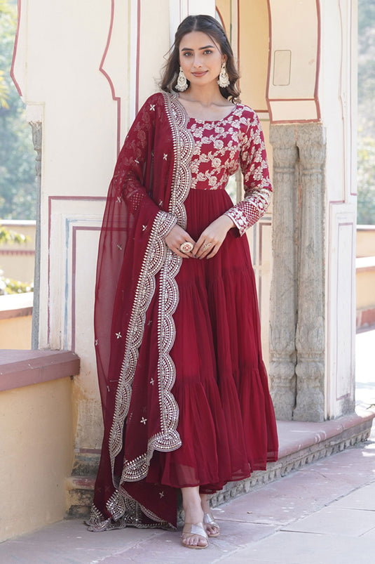 Blazing Maroon Color Viscose Fabric Readymade Gown With Dupatta