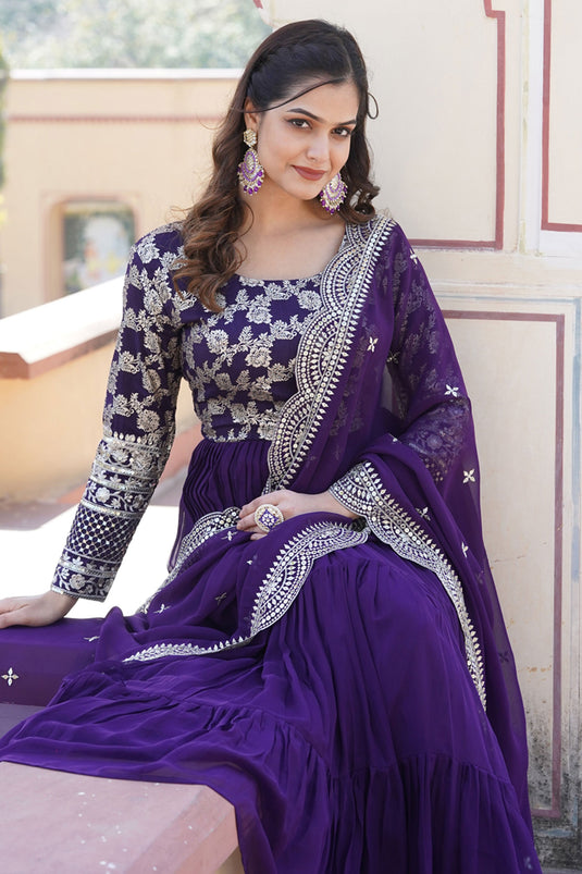 Graceful Purple Color Viscose Fabric Readymade Gown With Dupatta