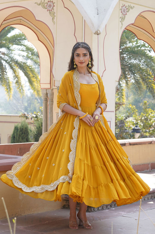 Georgette Fabric Function Wear Charismatic Readymade Gown With Dupatta In Yellow Color