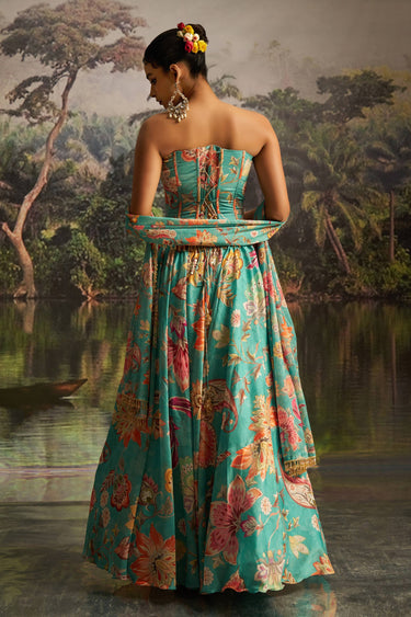 Georgette Cyan Floral Printed Readymade Lehenga Set With Corset Blouse