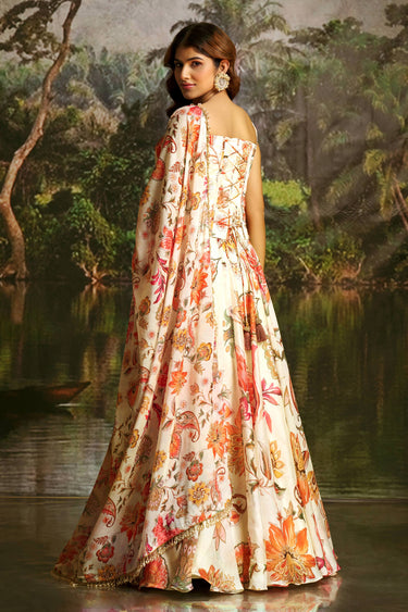 Beige Festive Wear Georgette Floral Printed Readymade Lehenga Set With Corset Blouse
