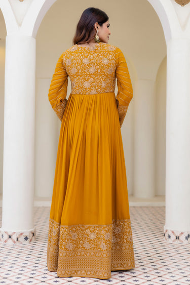 Mustard Embroidered Work Readymade Anarkali Gown With Dupatta