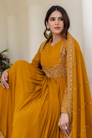 Mustard Embroidered Work Readymade Anarkali Gown With Dupatta