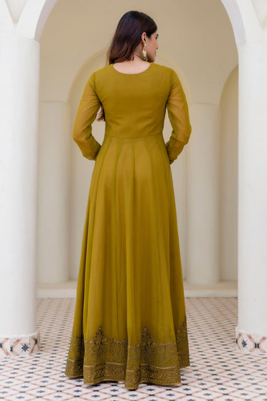 Luxury Green Georgette Embroidered Readymade Gown With Dupatta