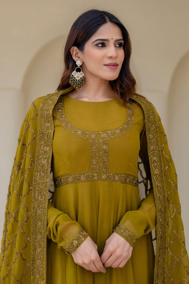 Luxury Green Georgette Embroidered Readymade Gown With Dupatta