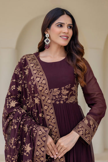 Women's Georgette Wine Embroidered Work Anarkali Gown With Dupatta