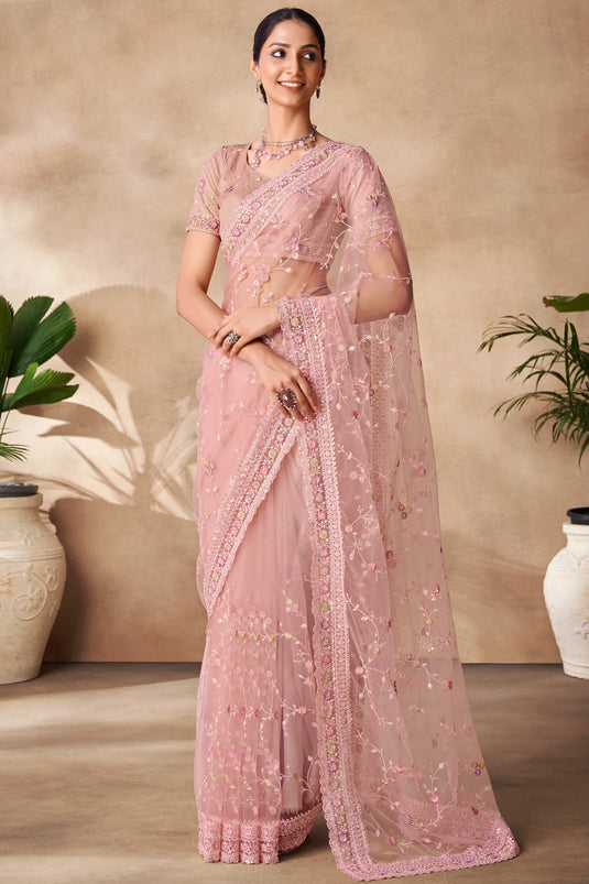 Excellent Net Fabric Peach Color Saree With Sequins Work