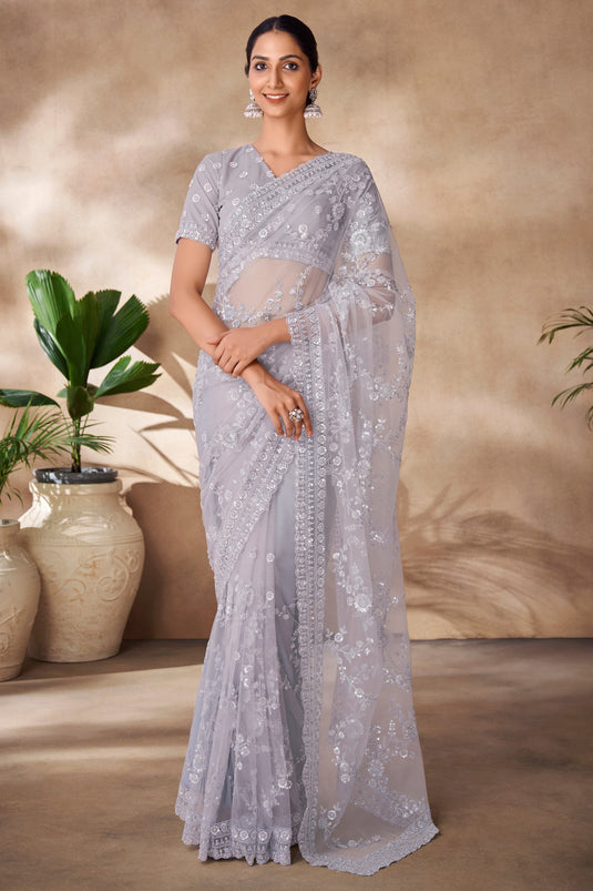 Sequins Work On Grey Color Gorgeous Saree In Net Fabric