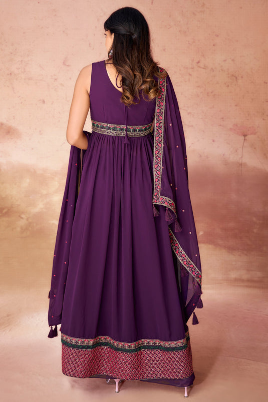 Dazzling Embroidered Work On Wine Color Readymade Anarkali Suit In Georgette Fabric