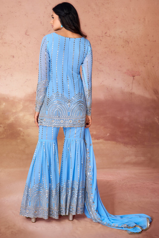 Radiant Embroidered Work On Sky Blue Color Georgette Fabric Readymade Palazzo Suit