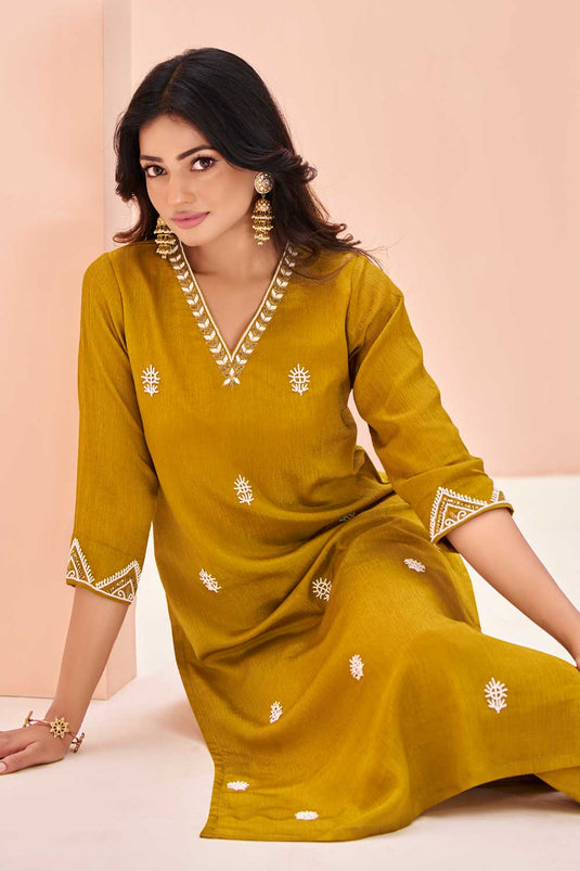 Excellent Chinon Fabric Mustard Color Kurti With Bottom