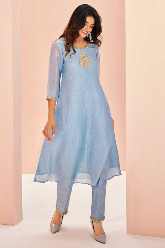 Beguiling Light Cyan Color Organza Fabric Kurti With Bottom